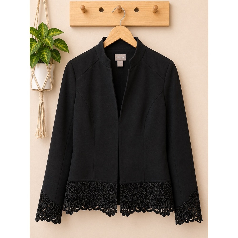Chico's Black Lace Hem Ponte Jacket Open Front Blazer Stand Collar Size 0 NEW